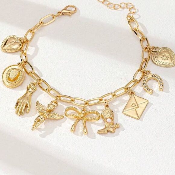 SALE 18k Stamped Gold Filled Cherub Western Bohemian Angel Charm Bracelet - Picture 1 of 6